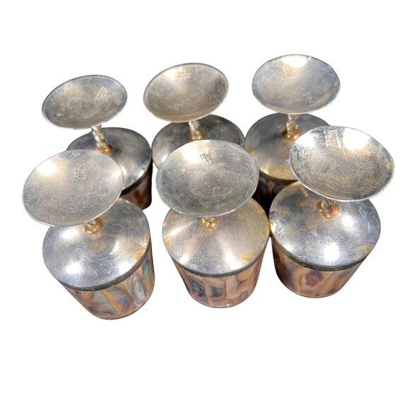 Vtg Mexico Alpaca Silver Inlaid Abalone Shell Six Cordial Shot Glasses and Tray - Picture 8 of 16